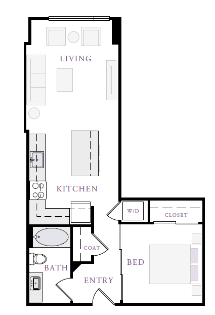 Floor plan for 1 bed, 1 bath, 654 sqft